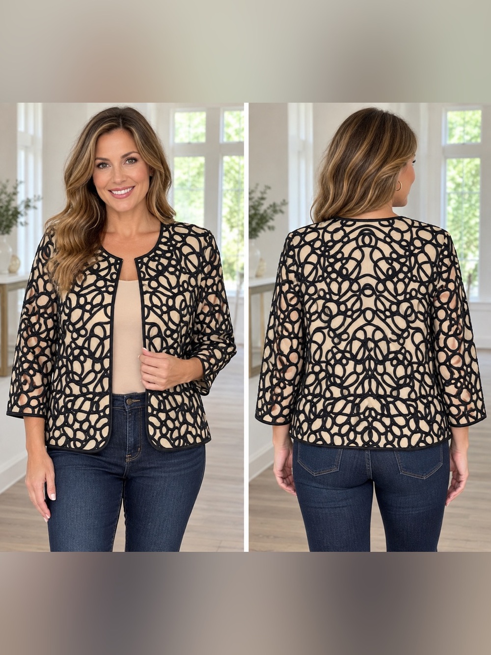 Chico's Travelers size 12/14 Black Loop-Overlay Jacket with Nude Underlay